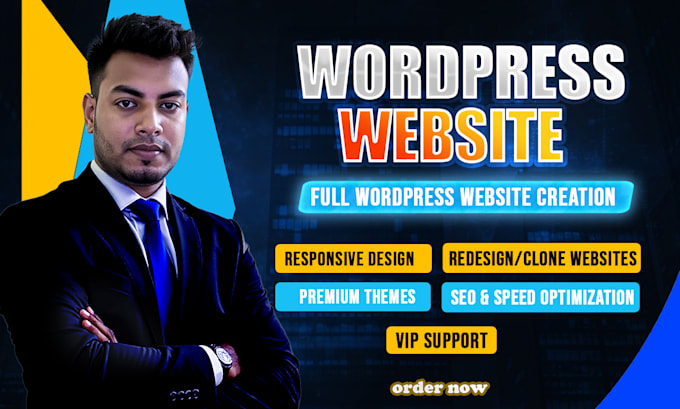 Professional promoting full WordPress website creation services with features like responsive design, premium themes, cloning, SEO optimization, and VIP support.